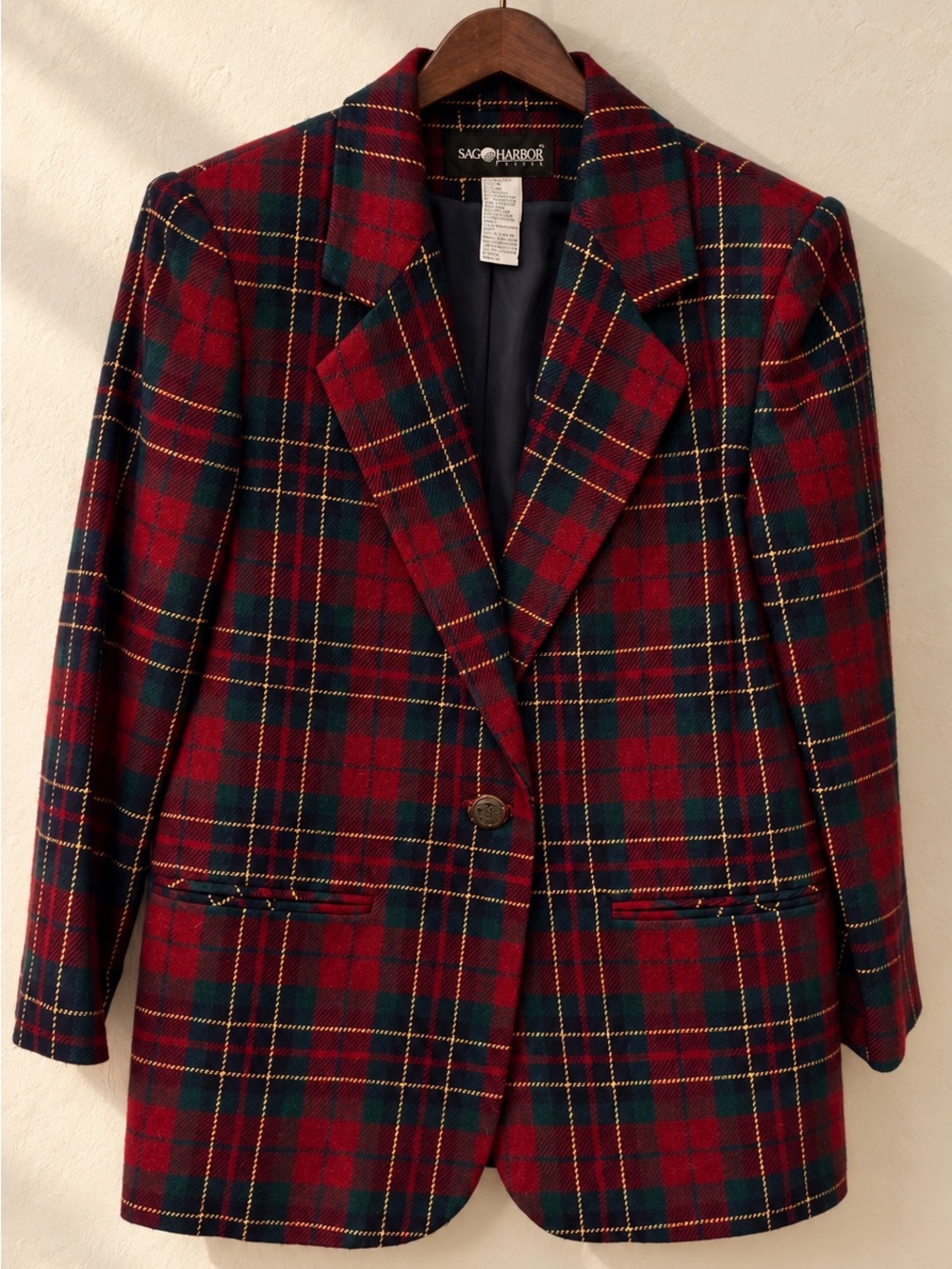 Vintage Sag Harbor Petite Size 2 Tartan Plaid Wool Blend Blazer Red Green